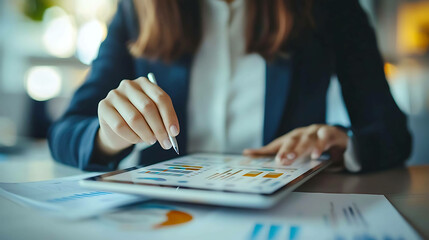 Close-up of a woman's hand pointing at a tablet screen with a stylus pen, analyzing business charts and graphs.