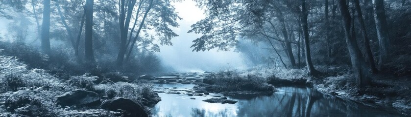 Serene river scene with misty blue tones, surrounded by lush trees and calming reflections, perfect for nature lovers.