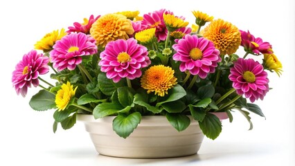 Vibrant pink and yellow flowers bloom on a lush green potted plant with delicate stems and oval-shaped leaves, set against a soft white background.