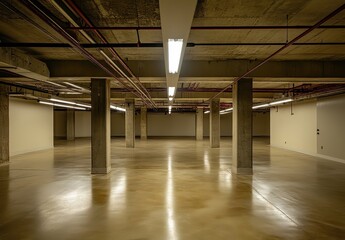 Empty Basement with Concrete Pillars and Fluorescent Lights