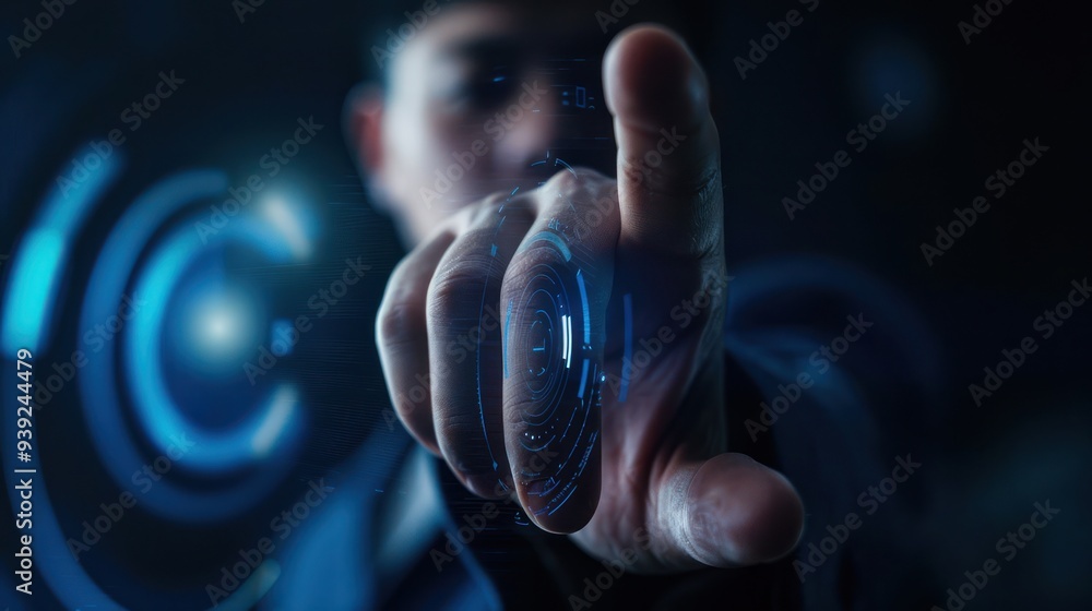 Poster man interacting with futuristic interface