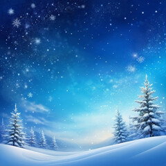 Picturesque winter scene with snow-covered plain and trees silhouetted against a vibrant night sky. Gentle snowfall adds magical touch, creating tranquil and breathtaking landscape. Generated AI