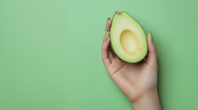 **Photo of a female hand holding a delicious avocate slice on a green background and green nails, with a pastel color tone, a mock-up concept for the summer season. Isolated on a pastel background, fu