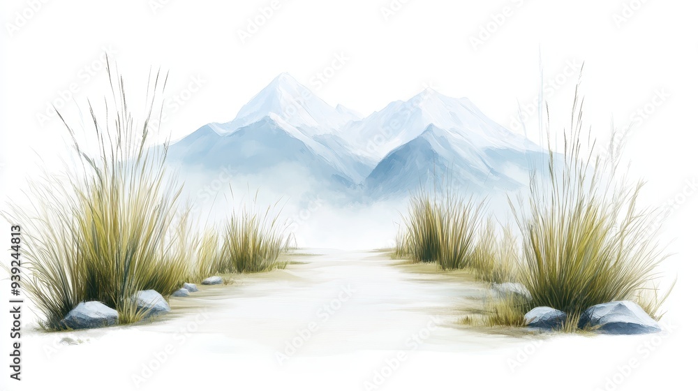 Poster a mountain range is shown in the distance with a path leading to it