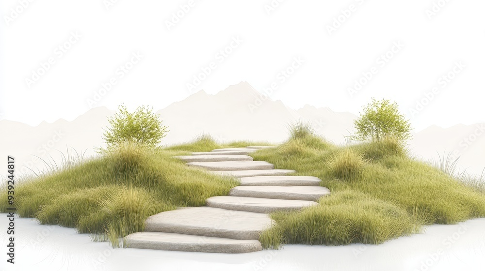 Poster a path is shown in a grassy field with a mountain in the background