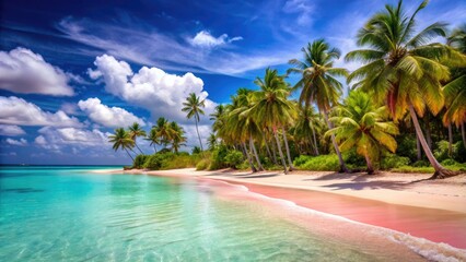 Obraz premium Vibrant pink sand stretches along a serene shoreline, surrounded by crystal-clear turquoise water and lush green palm trees under a brilliant blue sky.