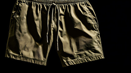 A pair of olive green shorts with a drawstring waist and pockets.
