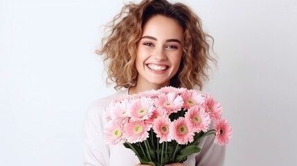 beautiful young woman laughs, holds a bouquet of tulips in her hands, spring holiday, mother, congratulation, gift, flowers, place for text, just like that, surprise, joy, relationship	