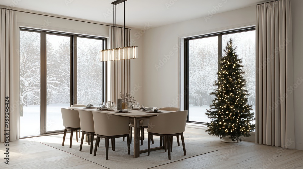 Aufkleber a large christmas tree sits in the corner of a room with a long dining table and chairs. the room is
