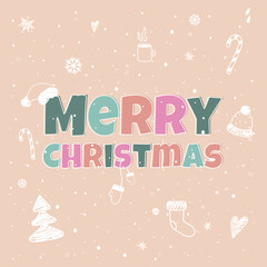 Cute Christmas greeting card.Merry Christmas.New Year elements gifts,hat,fir tree,candy,cocoa, snowflakes and snow.Pastel colors.Great for banners,wallpapers,wrapping.