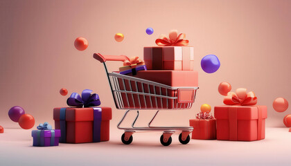 A shopping cart overflowing with red gift boxes, surrounded by floating presents. Ideal for sales, promotions, and holiday themes.