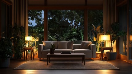 Fototapeta premium A living room with a couch, coffee table, and potted plants. The room is dimly lit, creating a cozy and relaxing atmosphere