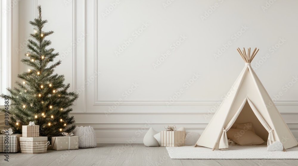 Poster a white tent is in front of a christmas tree. the tent is decorated with a tassel and a pole
