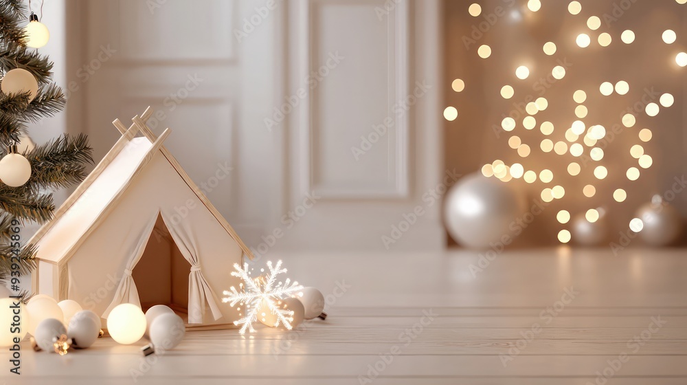 Poster a white tent is placed in front of a christmas tree. the tent is decorated with snowflakes and the t