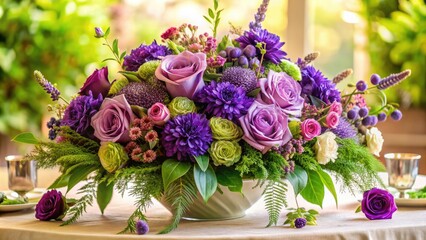 Vibrant purple flowers and lush greenery are beautifully arranged against a soft, creamy background, creating a stunning and elegant centerpiece for any occasion.