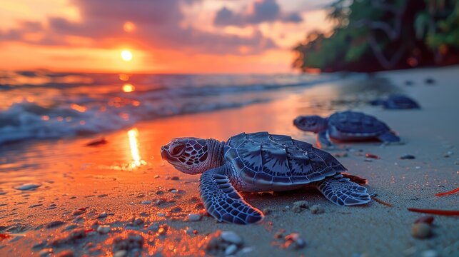 A small sea turtle hatchling crawls towards the ocean at sunset, surrounded by other baby turtles.