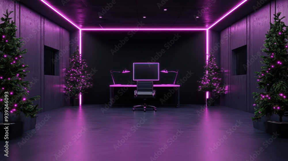 Poster A computer room with a purple wall and a Christmas tree. The room is empty except for a computer desk with a computer monitor and a chair