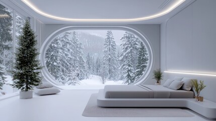 Fototapeta premium A bedroom with a large window overlooking a snowy forest. The room is decorated in a minimalist style with white walls and furniture. The bed is the focal point of the room