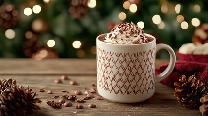 A mug of hot chocolate with whipped cream on a wooden table. The scene is cozy and inviting