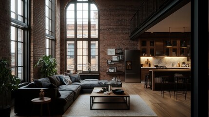 A large living room with a black couch and a coffee table. The room has a modern and sophisticated feel