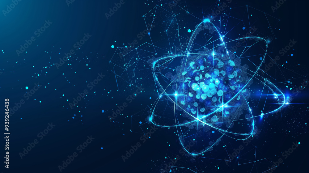 Poster presentation science astrology technology background with space for text. molecular atom glowing blu