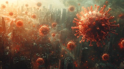 An artistic depiction of RSV spreading through a dense urban environment, symbolizing the virus s impact on communities.