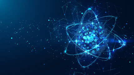 Presentation science astrology technology background with space for text. Molecular atom glowing blue - chemistry concept. Dark space cosmos 