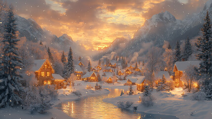 A snowy mountain village at sunset.