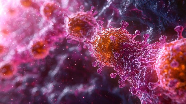 A digitally rendered microscopic view of RSV entering the airway of a human, with the virus particle attaching to epithelial cells.