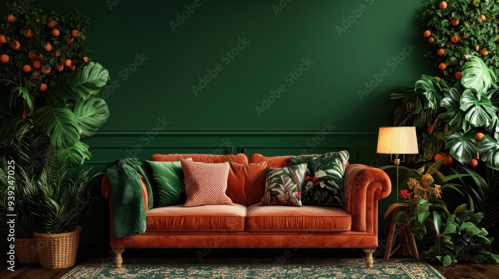 Aufkleber a green room with a couch and a lamp. the couch is red and has a floral pattern. there are several p