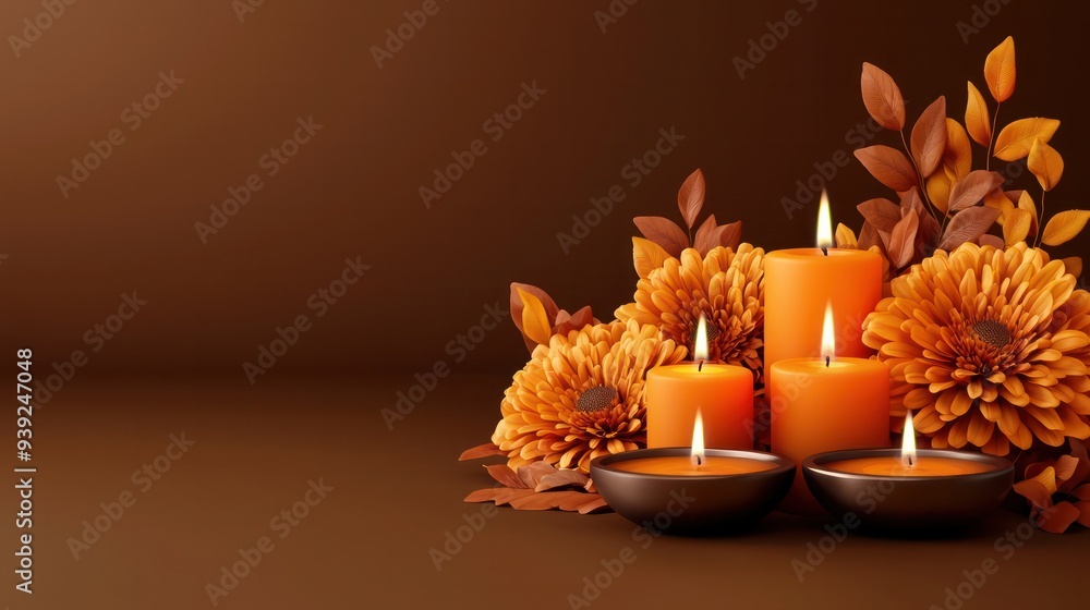 Poster a table with candles and flowers on it. scene is warm and inviting