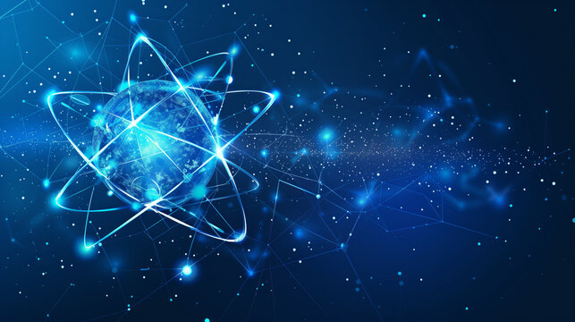 Abstract neon glowing blue Atom nucleus with electrons spinning around it science technology biology astrology presentation background.