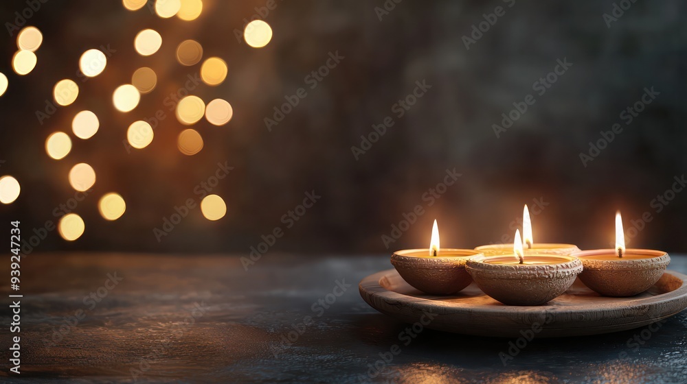 Poster a plate of candles with a blurry background. the candles are lit and arranged in a row