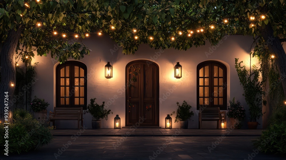 Aufkleber a house with a porch lit up with lights and lanterns. the house has a warm and inviting atmosphere