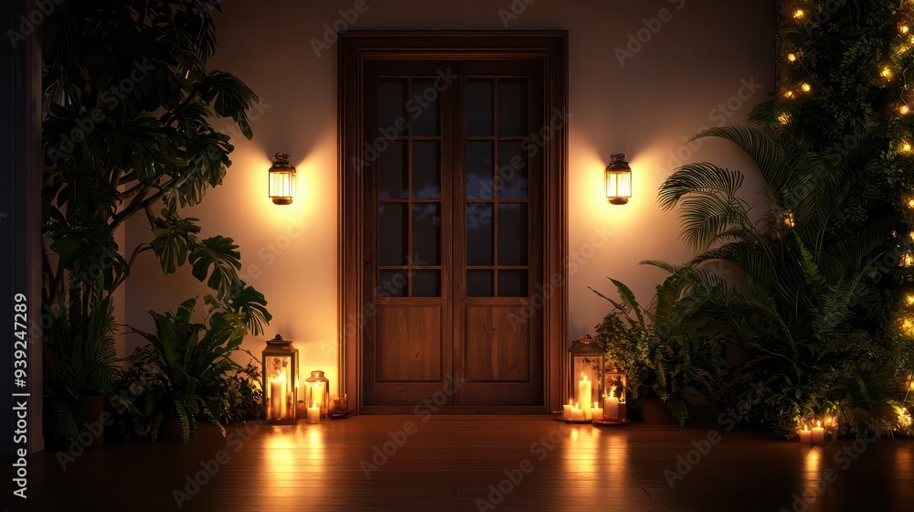 Aufkleber a door with a window is lit up with candles and lanterns. the scene is set in a garden or a porch, w
