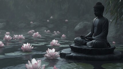 Serene Buddha Statue Amidst Water Lilies