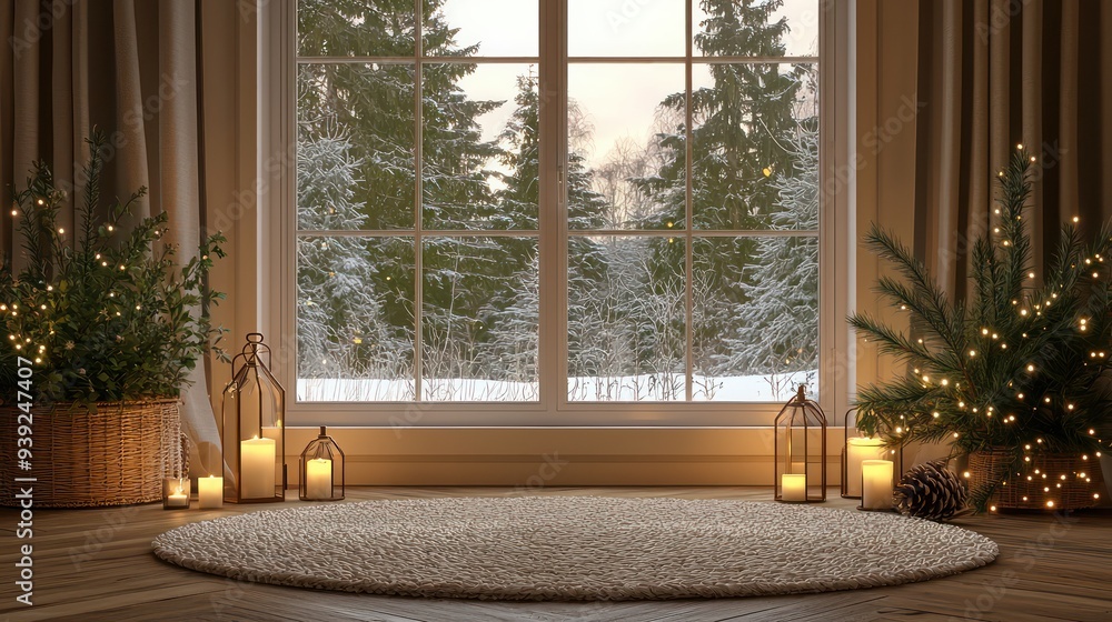 Poster A window with a view of trees and a rug in front of it. The scene is cozy and inviting, with candles and pinecones adding to the warm atmosphere