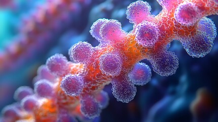 Fototapeta premium A highly detailed rendering of RSV attaching to the respiratory epithelium, with vibrant colors highlighting the interaction.