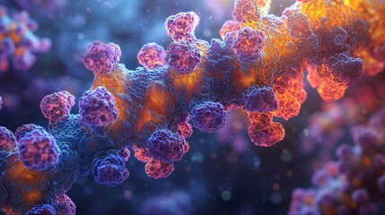 Fototapeta premium A highly detailed rendering of RSV attaching to the respiratory epithelium, with vibrant colors highlighting the interaction.