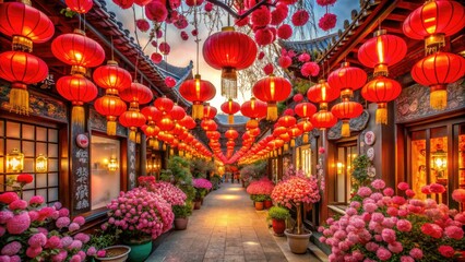 Vibrant red lanterns adorn ancient temple walls, surrounded by blossoming flowers and lantern-lined walkways, celebrating the magical atmosphere of the Chinese Lantern Festival 2023.