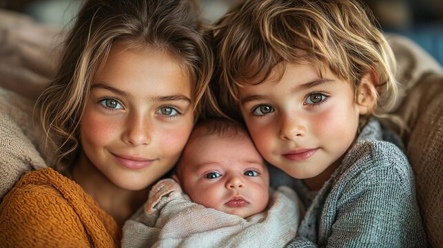 A family at home practicing RSV prevention by keeping a newborn separated from older siblings showing signs of cold-like symptoms.