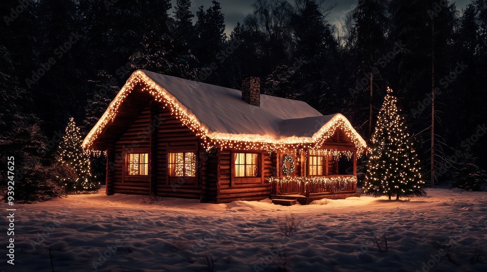 Poster a cozy log cabin with a christmas tree in front of it. the house is lit up with lights, giving it a 