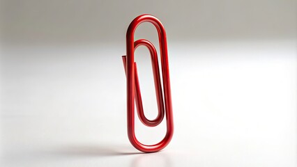 Vibrant red paperclip stands upright on a plain white background, its metal curve gleaming softly, symbolizing creativity and resourcefulness in a minimalist composition.