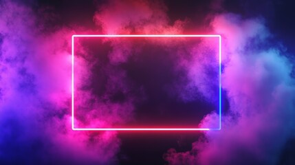 Obraz premium A glowing neon pink square frame sits in front of swirling pink and blue smoke.