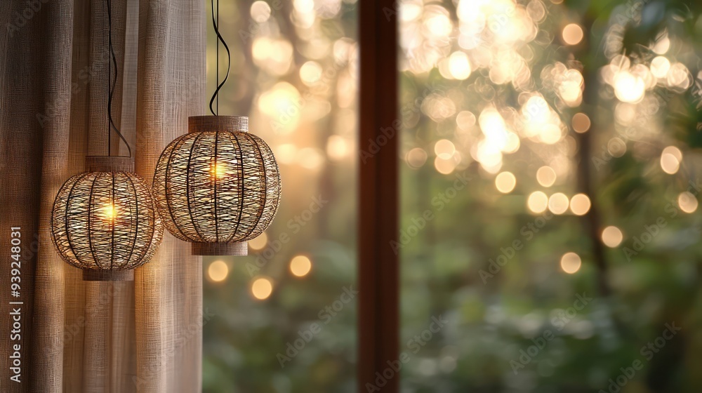 Poster two lanterns hanging from a window, one of which is lit. the scene has a warm and cozy atmosphere, w