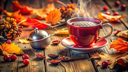 Vibrant red tea infuser steeping in a delicate ceramic cup on a wooden table, surrounded by autumn leaves and soft, warm lighting.