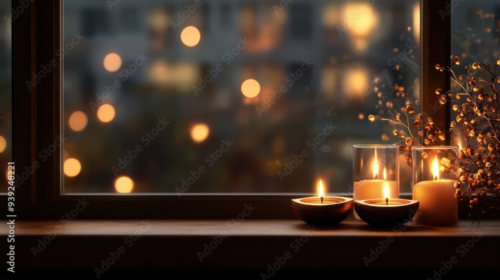 Poster a window with candles lit in three different sized candle holders
