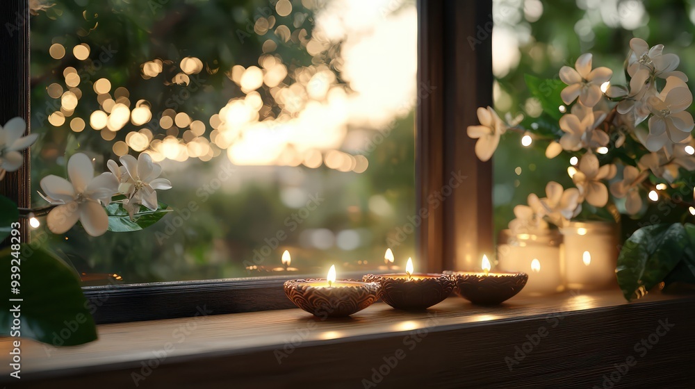 Poster A window with a view of a garden and a table with three candles in bowls. The candles are lit and the scene has a warm and cozy atmosphere