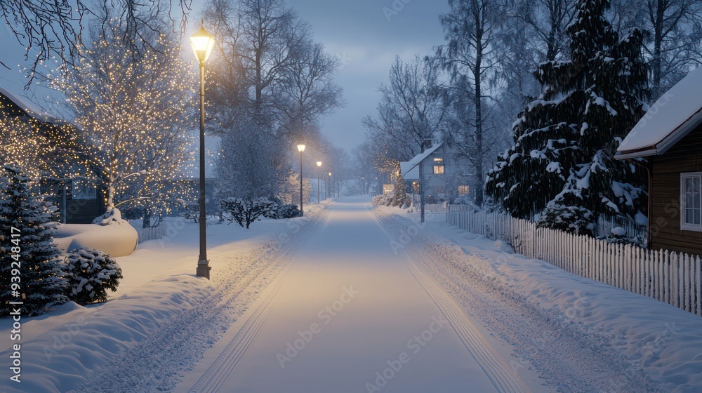 Poster a snowy street with a street light and a house in the background. the street is empty and quiet, wit