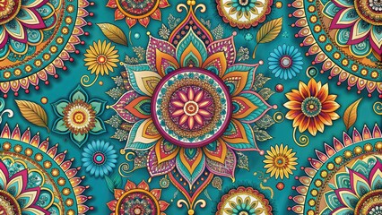 Fototapeta premium Vibrant seamless pattern of colorful Indian motifs, intricate mandalas, and ornate paisley designs on a rich turquoise background, perfect for textiles and wallpapers.